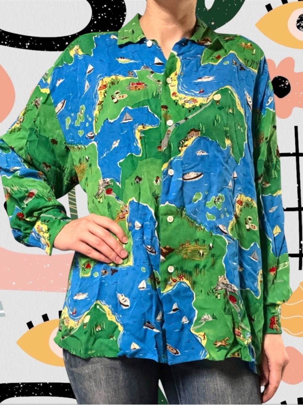 Portfolio by Perry Ellis | Vintage 100% Silk Map Print Button Front Blouse